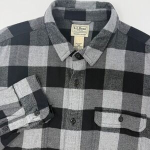 LL Bean Mens Large Slightly Fitted Flannel Shirt Gray Black Buffalo Check 508105